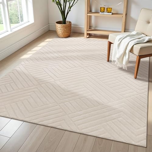 Enyhom Teppich Wohnzimmer 120 x 160 cm Creme - Moderner Kurzflor Waschbar Teppich - 3D Effekt rutschfest Teppiche für Schlafzimmer, Esszimmer, Kinderzimmer - Skandinavische Boho Geometrisch von Enyhom