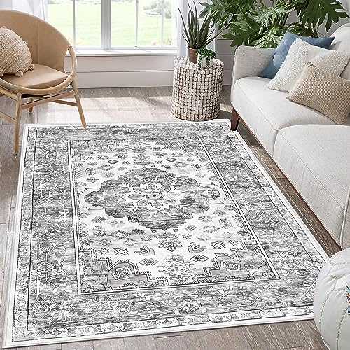 Enyhom Vintage Wohnzimmer Teppich, 90 x 150 cm Bohemian Flauschiger Kurzflor Teppich Superweich Waschbarer Schlafzimmer Teppich rutschfest Traditioneller Modern Vorleger für Esszimmer Küchen, Grau von Enyhom