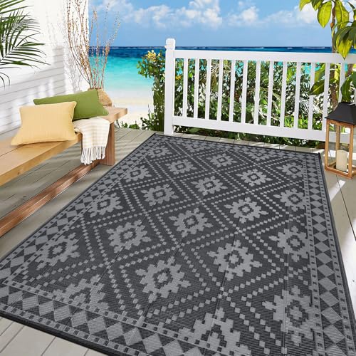 Enyhom Wendbarer Picknickdecke, Strapazierfähiger RV Camping Außenteppich Tragbar Leichtgewicht Balkonteppich Wasserabweisend Recycelter Kunststoff Bodenteppich für Outdoor (Schwarz, 150 x 240 cm) von Enyhom