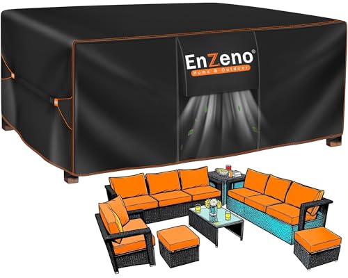 Enzeno Abdeckung Gartenmöbel wasserdichte,420D Oxford-Gewebe Loungemöbel Abdeckung,Abdeckplane Gartenmöbel Outdoor Tischabdeckung mit Luftauslass für Tische und Stühle,Rattanmöbel 300x300x90cm von Enzeno