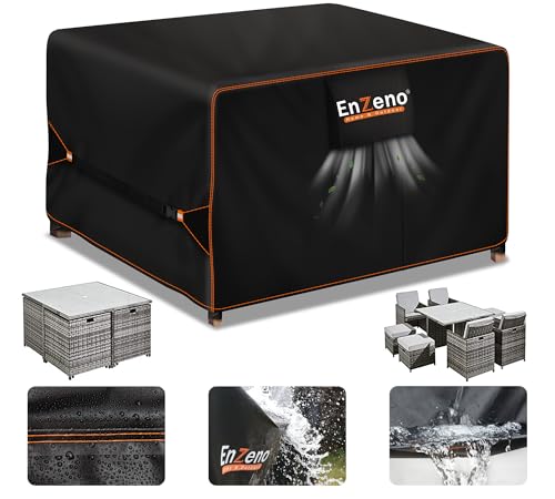 Enzeno Cube Gartenmöbelabdeckungen wasserdicht für den Außenbereich, Terrasse Rattan Würfel Set Abdeckung außen, Heavy Duty Oxford Fabric Gartentischabdeckung mit Entlüftung 110x110x74cm von Enzeno