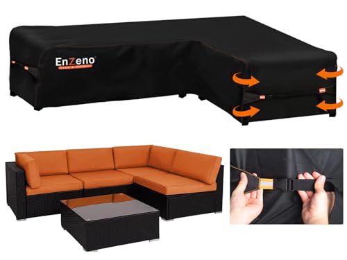 Enzeno Gartenmöbelabdeckung in L-Form, wasserdicht, 420D strapazierfähiges Oxford-Gewebe, Outdoor-Rattan-Ecksofa-Abdeckung mit wasserdichtem Klebeband (260 x 210 x 87 cm) von Enzeno