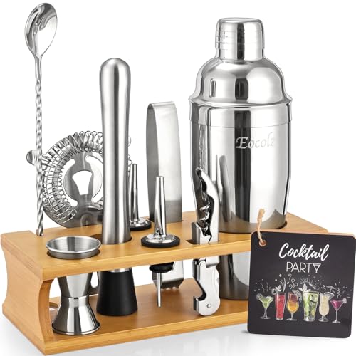 Cocktail Shaker Set mit Bambus Ständer & Rezeptbuch, Edelstahl 750ml Bar Cocktailset Cocktailshaker mit Bar Zubehör Werkzeug,11 Stück Cocktail Mix Set für Barkeeper Geschenk Frauen von Eocolz