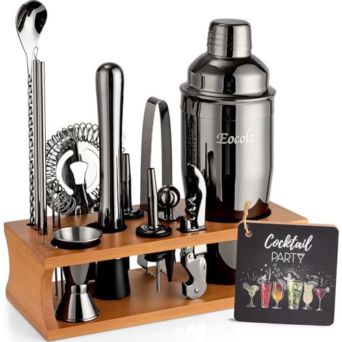 Cocktail Shaker Set mit Bambus Ständer & Rezeptbuch, Edelstahl 750ml Bar Cocktailset Cocktailshaker mit Bar Zubehör Werkzeug,17 Stück Cocktail Mix Set für Barkeeper Geschenk Frauen (Braun Schwarz) von Eocolz
