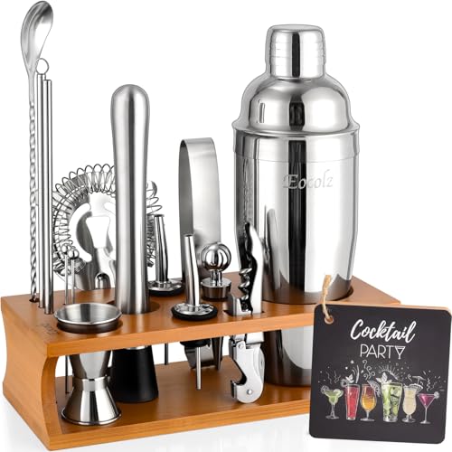 Cocktail Shaker Set mit Bambus Ständer & Rezeptbuch, Edelstahl 750ml Bar Cocktailset Cocktailshaker mit Bar Zubehör Werkzeug,17 Stück Cocktail Mix Set für Barkeeper Geschenk Frauen (Braunes Silber) von Eocolz