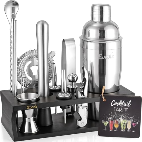 Cocktail Shaker Set mit Bambus Ständer & Rezeptbuch, Edelstahl 750ml Bar Cocktailset Cocktailshaker mit Bar Zubehör Werkzeug,17 Stück Cocktail Mix Set für Barkeeper Geschenk Frauen (Schwarz Silber) von Eocolz