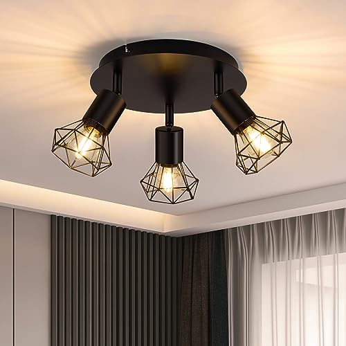 Eofiti Deckenstrahler 3 Flammig Rund E14 Strahler Deckenleuchte Schwenkbar 350° Schwarz Deckenlampe Spot Metall Wandstrahler max. 28 Watt Küchenlampe für Wohnzimmer Schlafzimmer Ohne Leuchtmittel von Eofiti