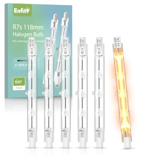 Eofiti R7S Halogenstab 118mm Dimmbar, 230W Halogen Leuchtmittel R7S 118mm, Warmweiß 2700K R7s Linear Halogenlampen, 4650LM 230V J118 Stablampe für Deckenfluter, Baustrahler, Stehleuchte, 6er Pack von Eofiti