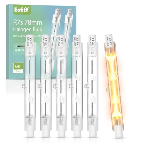 Eofiti R7S Halogenstab 78mm, 100W Halogen Leuchtmittel R7S 78mm Dimmbar, Warmweiß 2700K R7s Linear Halogenlampen, 1800LM 230V J78 Stablampe für Stehleuchte, Baustrahler, Fluterlicht, 6er Pack von Eofiti