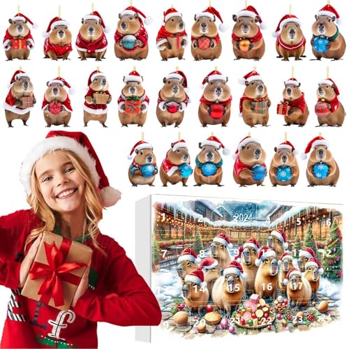 Eoixuqba 24 Tage Capybara Adventskalender Weihnachtskalender,24 Türchen Countdown Bis Weihnachten | Capybara 2D Acryl Dekoanhänger Für Baum Wand Tür Fenster Deko Kinder Erwachsene von Eoixuqba