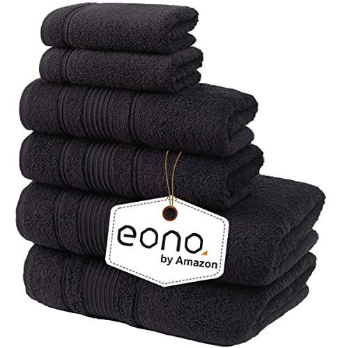 Eono Amazon 2 große Badetücher, 2 große Handtücher, 2 Waschlappen, superweiche ägyptische Baumwolle, 6-teiliges Premium-Handtuch-Set für Hotel & Spa, Badezimmer, Küche, Dusche – Dunkelschwarz von Eono