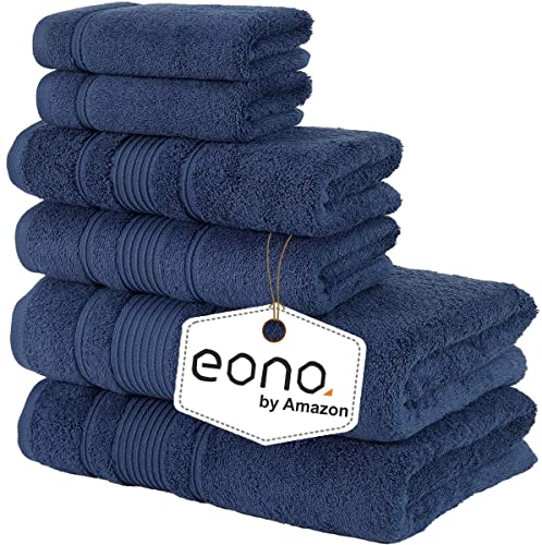 Eono Amazon 2 große Badetücher, 2 große Handtücher, 2 Waschlappen, superweiche ägyptische Baumwolle, 6-teiliges Premium-Handtuch-Set für Hotel & Spa, Badezimmer, Küche, Dusche – Navy blau von Eono