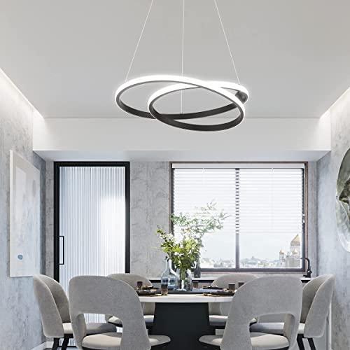 Eoodis Modern Pendelleuchte,40W Dimmbare Runde LED-Pendelleuchte mit Fernbedienung, 2 Ringe, schwarzer Acryl-Kronleuchter, Kronleuchter für Wohnzimmer, Küche, Esszimmer von Eoodis