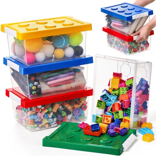 Eorbow Spielzeug-Aufbewahrungsbehälter mit Deckel, Ziegelform, stapelbare Aufbewahrungskörbe, transparente Spielzeugtruhe für die Organisation von Bausteinen, Spielzeug, kleinen Puppen, 4 Farben, 4 Eorbow Spielzeug-Aufbewahrungsbehälter mit Deckel, Ziegelform, stapelbare Aufbewahrungskörbe, transparente Spielzeugtruhe für die Organisation von Bausteinen, Spielzeug, kleinen Puppen, 4 Farben, 4 von Eorbow