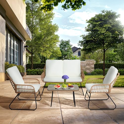 EortheX 4-teiliges Outdoor-Terrassenmöbel-Set, Terrassen-Gesprächsset, Rattan-Weiden-Bistro-Sets mit Zweisitzer-Stühlen und modernem Couchtisch für Hinterhof, Terrasse, Balkon und von EortheX outdoor fancy