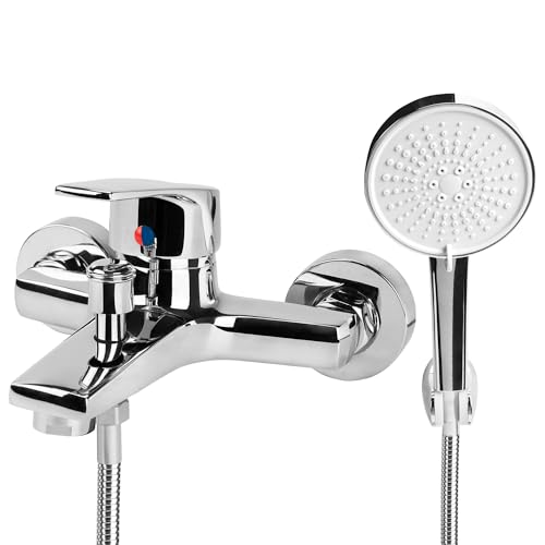 Badewannenarmatur mit Handbrause,Duscharmatur Wasserhahn Messing Wannenarmatur Wandmontage Badarmatur Handbrause mit 5 Funktionen Badewannenhahn mit Druckschalter Duschsysteme für Badezimmer (Chrom) von Eozakavod