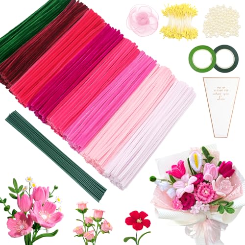 Epaing Pfeifenputzer zum Basteln, 500 Stück 8 Farben Pipe Cleaner Flower Set, mit Staubgefäße, Blütenstiel, Nicht Porösen Perlen, Klebeband, Fischschwanzgarn und Blumentasche, Pfeifenreiniger Blumen von Epaing