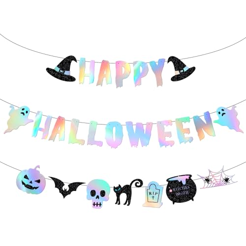 Epakh 3 Stück schillernde Happy Halloween Banner holografische Geister-Papiergirlanden Neon Glitzer hängende Dekoration für Mädchen Halloween Zuhause gruselige Dekoration von Epakh