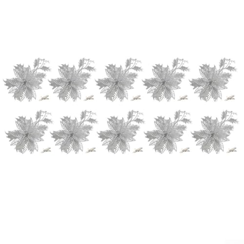 10 Stück künstliche Weihnachtsblumen für saisonale Heimdekoration auf Bäumen, Treppenhäusern, Kränzen und Kaminen (Silber) von EpheyFIF