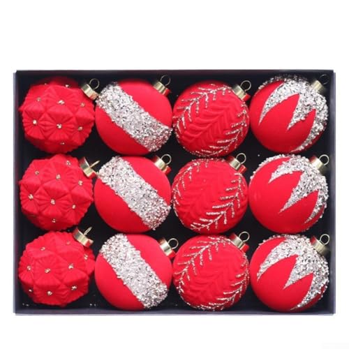 12 Stück 8 cm Durchmesser beflockte Weihnachtskugeln Ornamente Set Kunststoff Material mit Glitzer für Weihnachtsbaumdekoration (rot) von EpheyFIF