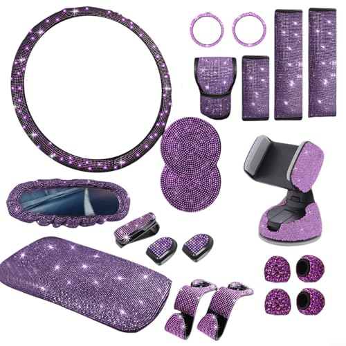 21-teiliges Diamant-Auto-Innenausstattungsset – Lenkradhülle aus Strass + Handyhalterung + Untersetzer (lila/weiß/rosa) | Ultra-Samt-Zubehör-Set für Autos (lila) von EpheyFIF
