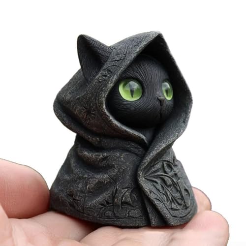 Aufwendige Katzenfigur mit Kapuze und Smaragdaugen, Kunstharz, Kunststück für Gothic-Sammlung von EpheyFIF