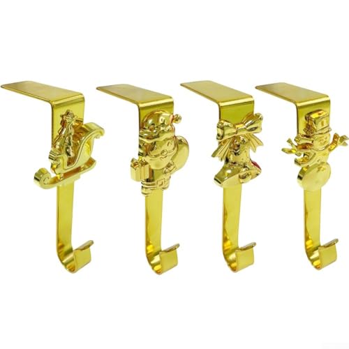 Set mit 4 Eisen-Weihnachtshaken zum Aufhängen von Strümpfen und Feiertagsdekorationen auf Kaminsims mit einzigartigen saisonalen Designs (Gold) von EpheyFIF