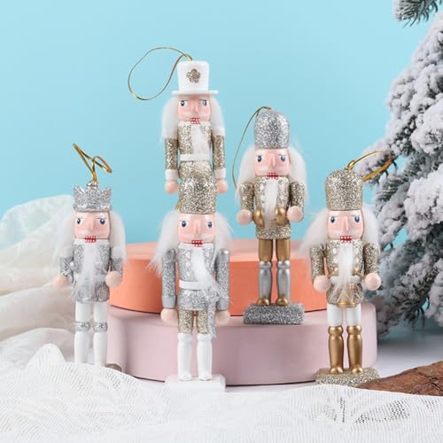 Set mit 6 Nussknacker-Ornamenten aus Holz mit Glitzerdetails, geeignet für Weihnachtsbaumschmuck und festliche saisonale Präsentation von EpheyFIF