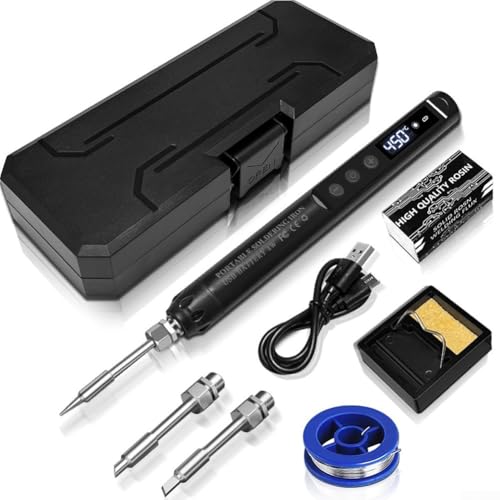 Tragbares USB-C-Akku-Lötkolben-Set mit einstellbarer Temperatur von 200 °C bis 450 °C und 3 austauschbaren Spitzen für Elektronikreparatur, Heimwerker, Schmuckherstellung, Schwarz (C) von EpheyFIF