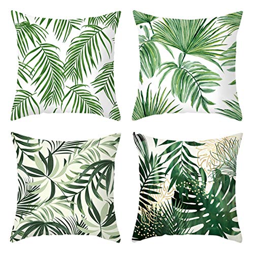 Epinki 40x40cm Kissenbezüge Set 4Pcs, Zierkissenbezüge in Polyester mit Monstera Palmblatt, Bequem, Quadratische Kissenhülle für Sofa Schlafzimmer Büro Wohnzimmer Dekor - Grün Weiß, Set 1 von Epinki