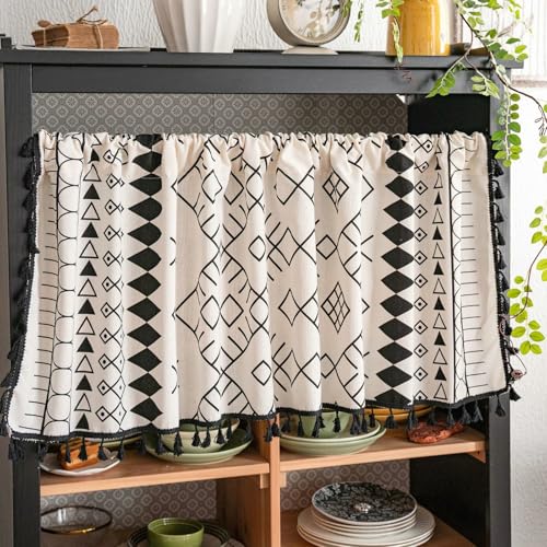 Epinki Bistrogardine Boho, Scheibengardinen Verdunkelung Böhmischer Stil Dreieck Geometrie Muster mit Quaste, Polyester Baumwolle Beige Schwarz Verdunkelungsvorhang, 1er, 150x60cm(B*H) von Epinki