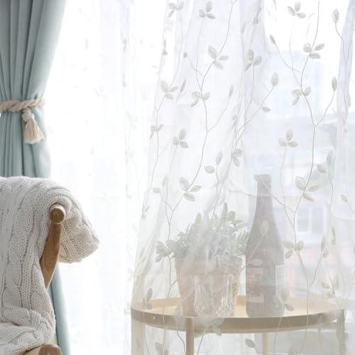 Epinki Fenster Vorhang Deko Ösenvorhang 2er Set, Sheer Voile Vorhänge Baum Zweigstelle Gestickt Weiß Halbtransparent Gardinen Voile aus Gauze Fenstergardinen Modern für Wohnzimmer H229 x B137 cm von Epinki