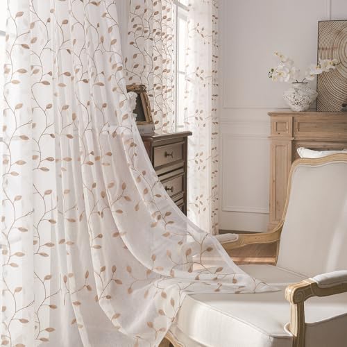 Epinki Scheibengardinen Landhausstil Vintage, Beige Scheibengardinen Halbtransparent Zweige Blatt, Polyester Halbtransparent Gardinen Voile für Fenster Vorhänge Wohnwagen, 2er, 132x137cm(B*H) von Epinki