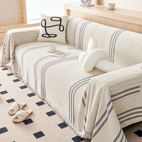 Epinki Sofa Überzug, 180x180CM Sofabezug Form 1 Sitzer Streifen Muster, Anti-Rutsch Sofaschoner aus Chenille Anti-Rutsch-Couch, Hellgrau von Epinki