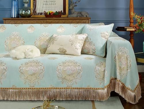 Epinki Sofaüberwurf, 185x380CM Sesselbezug Liegesessel mit Quaste Blumen Muster, Wohnzimmer Sessel Haustiere Sofabezug Katze aus Chenille Möbelschutz-Sofabezüge, Hellgrün von Epinki