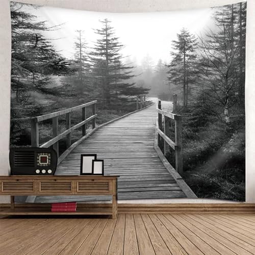 Epinki Tapisserie 210x140cm, Natur Landschaft Wandteppich Hölzerne Brücke Baum Wandtuch Grau aus Polyester, Wandtücher für die Wand in Wohnzimmerdekoration von Epinki
