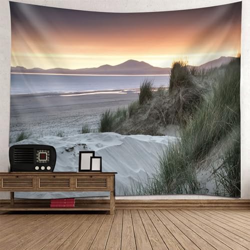Epinki Tapisserie 210x140cm, Natur Landschaft Wandteppich Meer Strand Tapisserie Wandbehang Grau Gelb aus Polyester, Wandbehänge für Schlafzimmer von Epinki