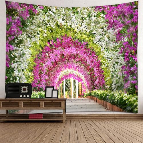 Epinki Tapisserie 260x240cm, Landschaft Natur Wandteppich Blumen Kranz Pfad Wandtuch Rose Grün aus Polyester, Wandbehänge für Tischdecke Wohnzimmer Schlafzimmer Decor von Epinki