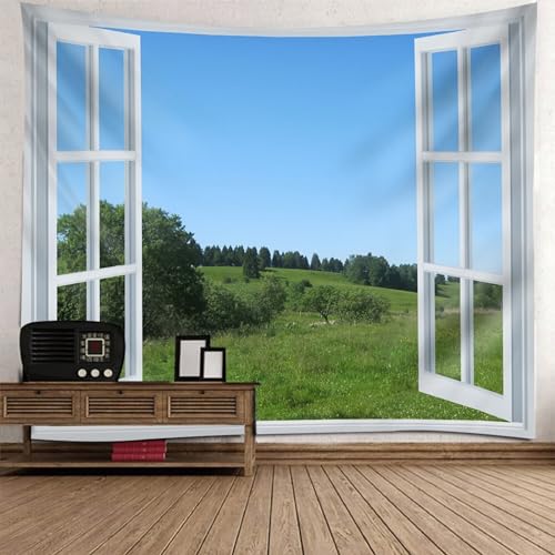 Epinki Tapisserie 260x240cm, Landschaft Natur Wandteppich Fenster Grasnarbe Tapisserie Wandbehang Weiß Blau Grün aus Polyester, Hausdekor für Wohnzimmer, Wohndekor von Epinki