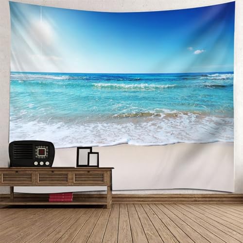 Epinki Tapisserie 260x240cm, Landschaft Natur Wandteppich Meeresufer Strand Wandbehang Blau Grün Beige aus Polyester, Wandbehänge für Schlafzimmer von Epinki