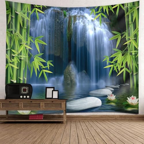 Epinki Tapisserie Bambus Wasserfall Stein, Natur Landschaft Wandteppich Wandbehang Grün Grau aus Polyester, Wandbehänge für Schlafzimmer, 300x256cm von Epinki