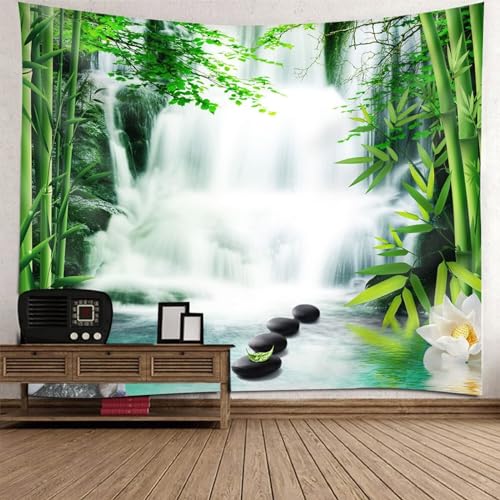 Epinki Tapisserie Bambus Wasserfall Stein, Natur Landschaft Wandteppich Wandtuch Grün Weiß aus Polyester, Wandbehänge für Schlafzimmer Wohnzimmer Kinderzimmer, 200x200cm von Epinki