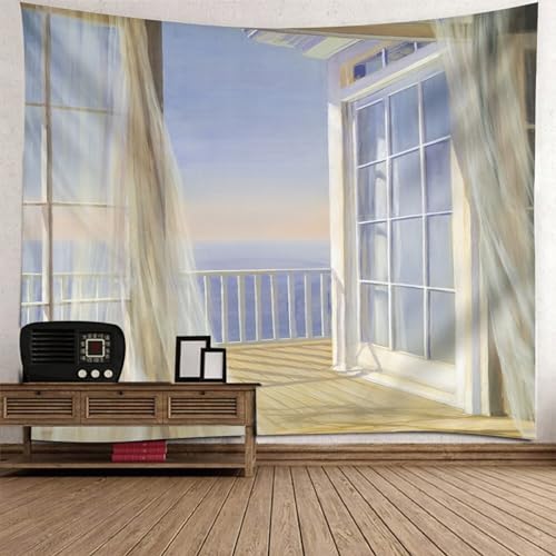 Epinki Tapisserie Beige Lila, Natur Landschaft Wandteppich Fensterbildschirm Fenster Meer Wandbehang aus Polyester, Tuch für Wohnzimmer Schlafzimmer Wohnheim Wanddeko, 240x220cm von Epinki