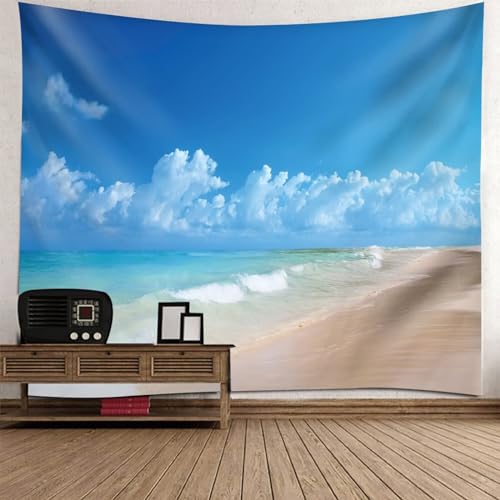 Epinki Tapisserie Blau Beige, Landschaft Natur Wandteppich Meeresufer Strand Himmel Wandbehang aus Polyester, Tapestry für Wohnzimmer Dekor, Schlafzimmer, 240x220cm von Epinki