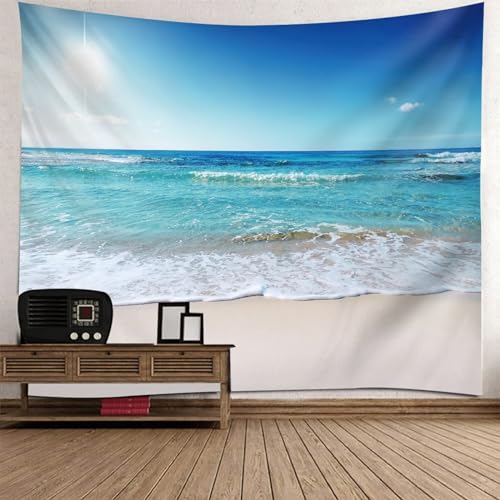 Epinki Tapisserie Blau Grün Beige, Natur Landschaft Wandteppich Sonnenschein Meer Strand Wandbehang aus Polyester, Wand Deokration für Schlafzimmer, 350x256cm von Epinki