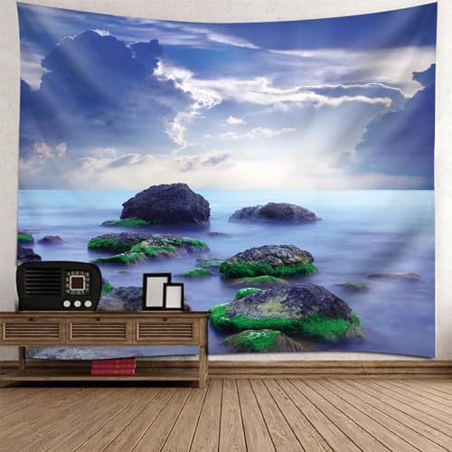 Epinki Tapisserie Blau Weiß Grün, Landschaft Natur Wandteppich Meer Felsen Himmel Wandbehang aus Polyester, Tuch für Wohnzimmer, Wohndekor, 350x256cm von Epinki
