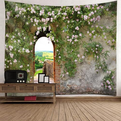 Epinki Tapisserie Blumen Wand, Landschaft Natur Wandteppich Wandtuch Grün Rose aus Polyester, Tapestry für Wohnzimmer Dekor, Schlafzimmer, 300x256cm von Epinki