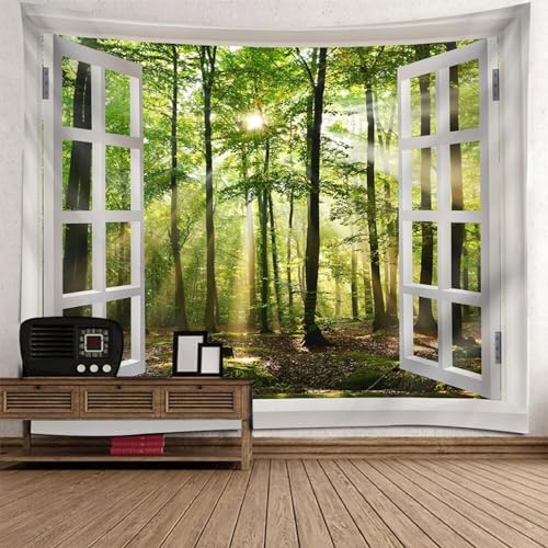 Epinki Tapisserie Fenster Baum Wald, Natur Landschaft Wandteppich Wandtuch Weiß Grün aus Polyester, Heimdekorationen für Schlafzimmer Wohnzimmer Kinderzimmer, 200x200cm von Epinki