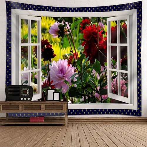 Epinki Tapisserie Fenster Blumen, Landschaft Natur Wandteppich Wandtuch Rose Rot Grün aus Polyester, Hausdekor mit Art Nature Home Dekorationen, 200x200cm von Epinki