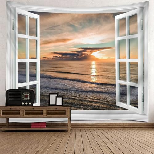 Epinki Tapisserie Fenster Sonnenaufgang Meer, Natur Landschaft Wandteppich Wandtuch Weiß Orange aus Polyester, Hausdekor für Wohnzimmer Wohnheim Wanddeko, 200x200cm von Epinki
